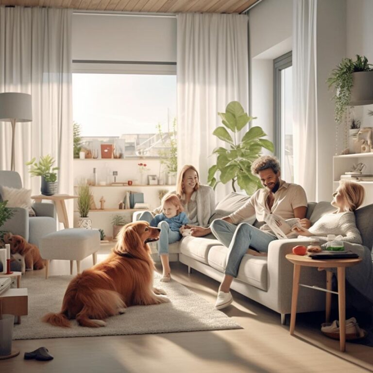 Happy family with pets in a clean living room