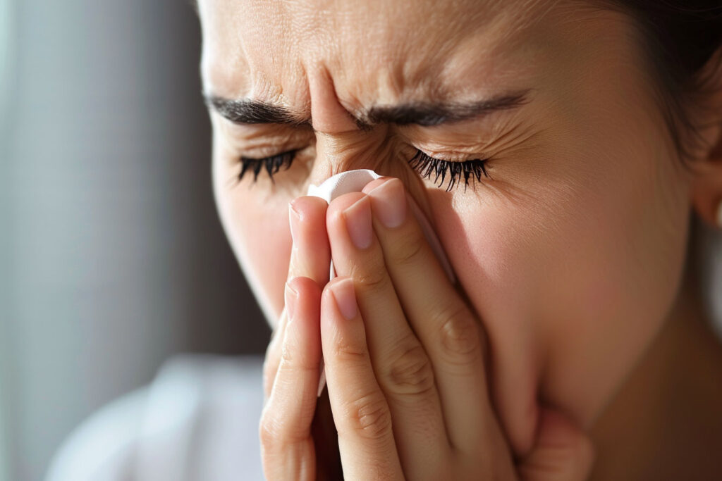 Person sneezing due to pollen allergy, covering nose and mouth with hands