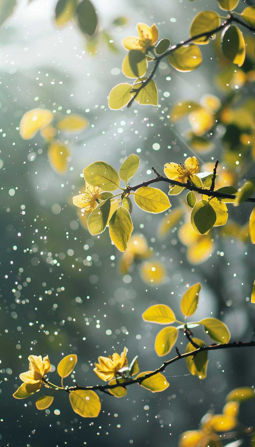 Yellow pollen particles floating in the air around tree branches with green leaves.