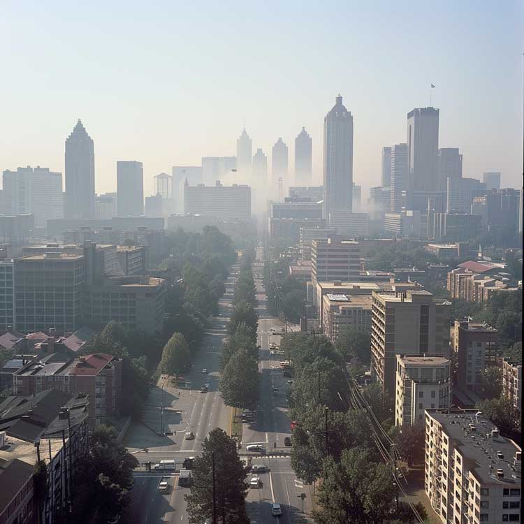Atlanta skyline on a hot, hazy summer day with visible heat distortion.