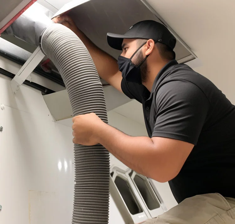 Technician performing air duct cleaning in an Atlanta building.